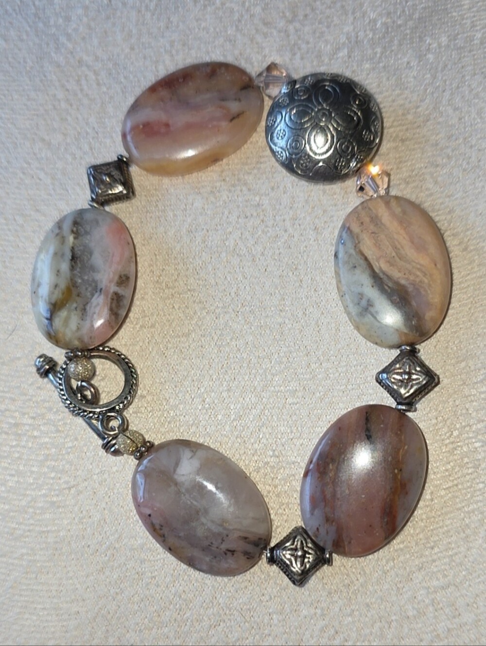 Artisan Crazy Lace Agate Oval Gemstone Silver Toggle Bracelet